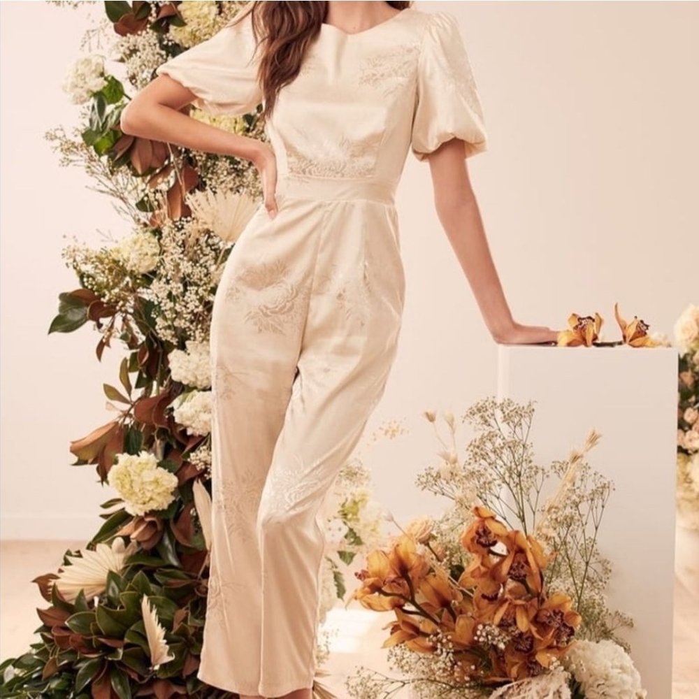 Lulus Time After Time Floral Jacquard Satin Open Back Jumpsuit in Champagne Size
